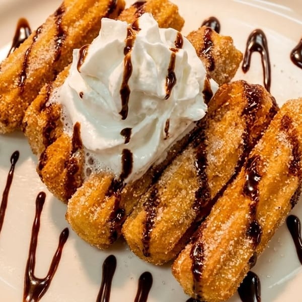 Golden churros dusted with sugar and cinnamon, topped with whipped cream and chocolate drizzle on a white plate.